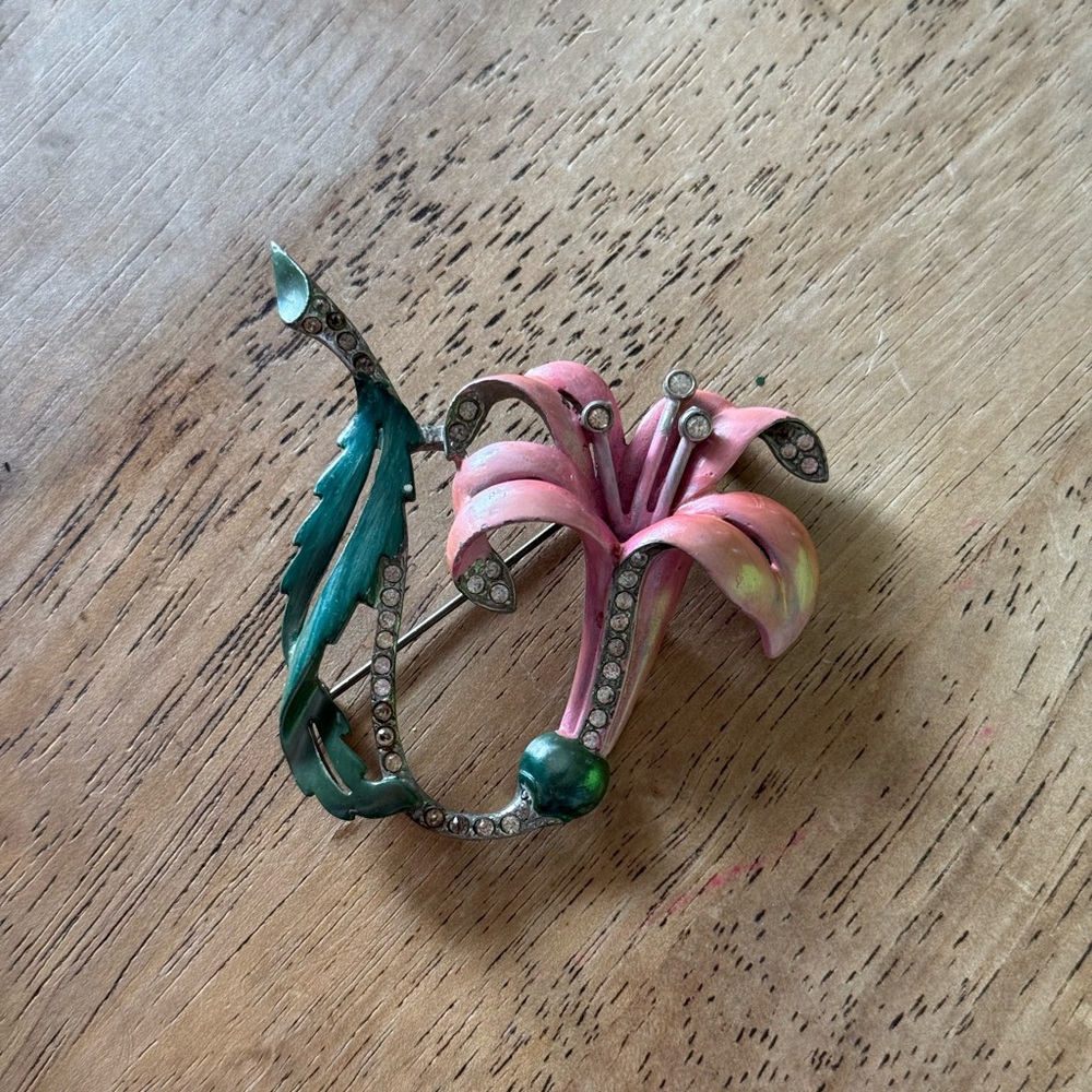 1940s Enamel Rhinestone Floral Brooch